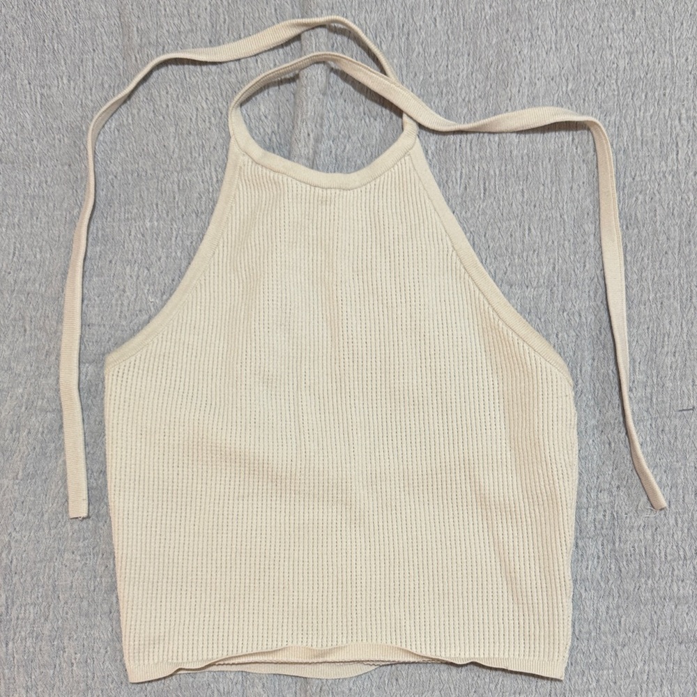 La Hearts Cream Ribbed Halter Tank Top
